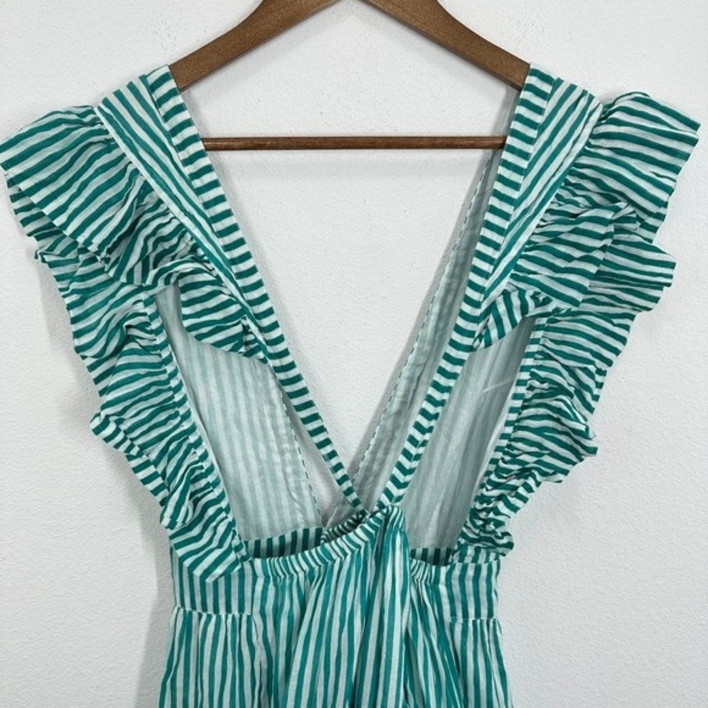 Oliphant Green Striped Mini Dress V Neck Ruffle Sleeve Tiered Cotton Summer - Picture 8 of 9